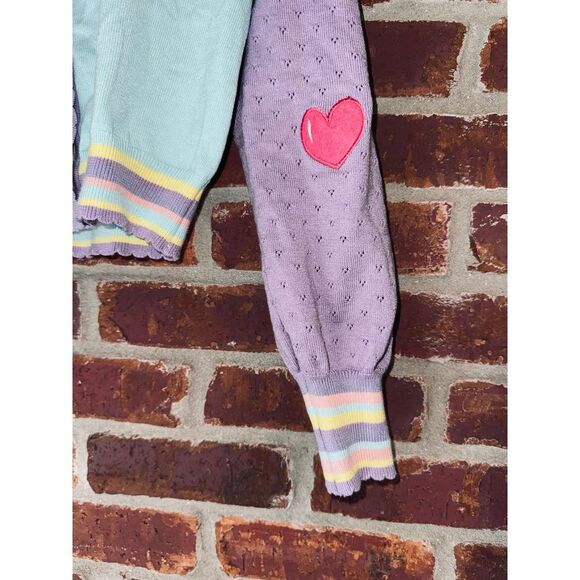 Girls cardigan sweater, green, pink and purple with embroidered fruit and heart - Picture 2 of 6